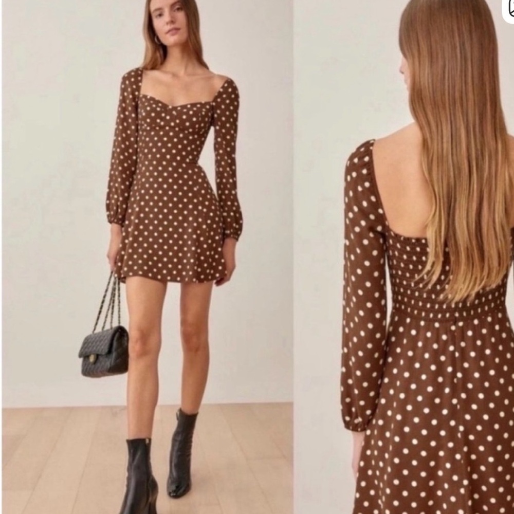 Reformation Mochi Brown Polka Dot Dress